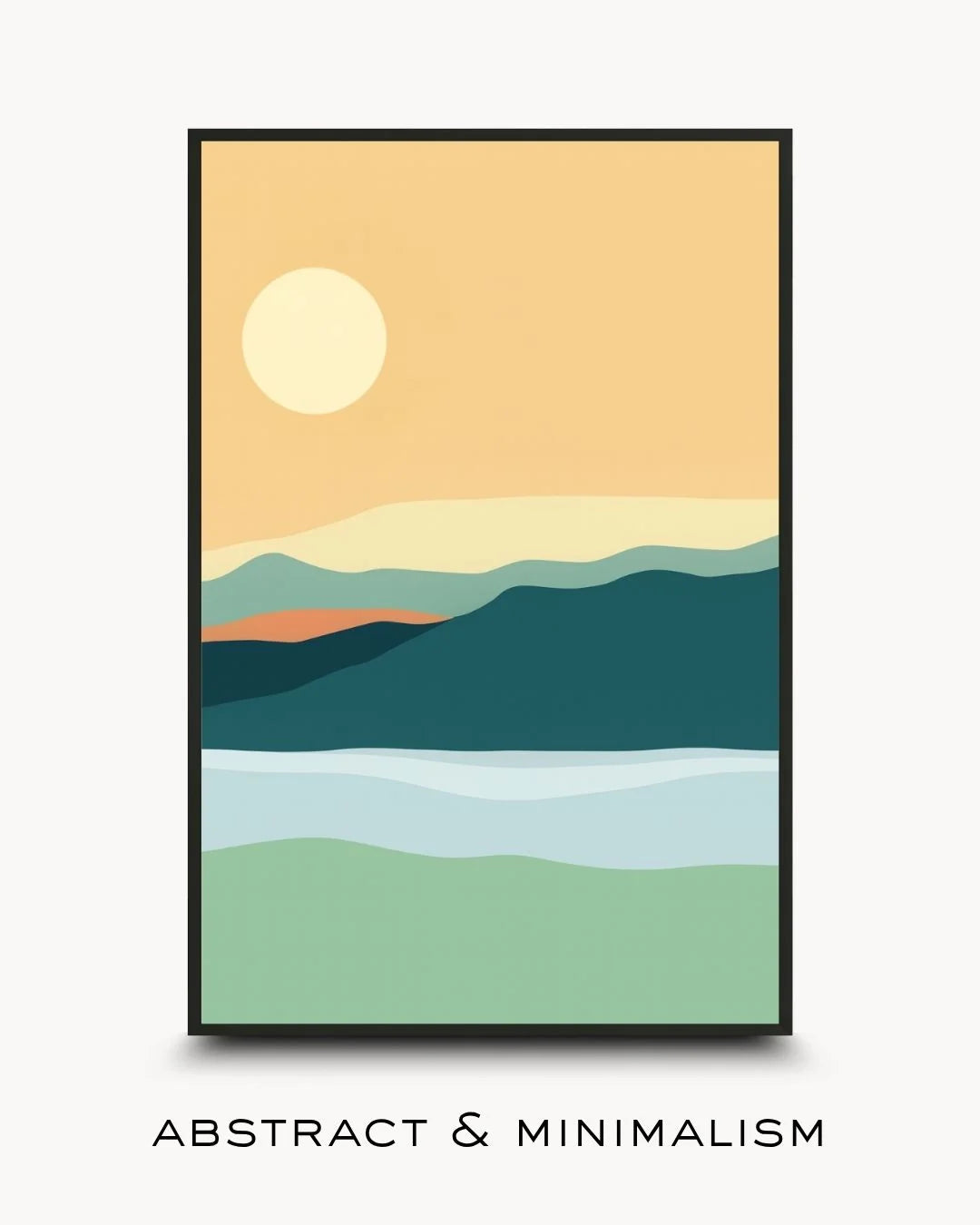 Abstract minimalist landscape art print featuring a white sun over teal mountains, light blue water, and a light green foreground. Styled in a sleek 0.5-inch Noir Black frame.