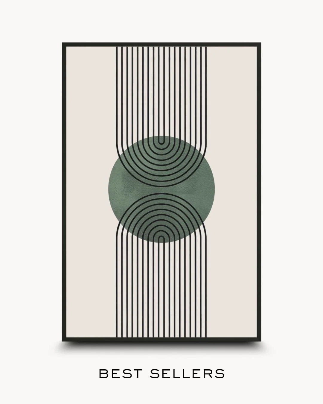 Collection cover for Best Sellers featuring abstract geometric wall art. Minimalist black line arches intersect with a central sage green textured circle on a cream background, styled in a Noir Black frame.