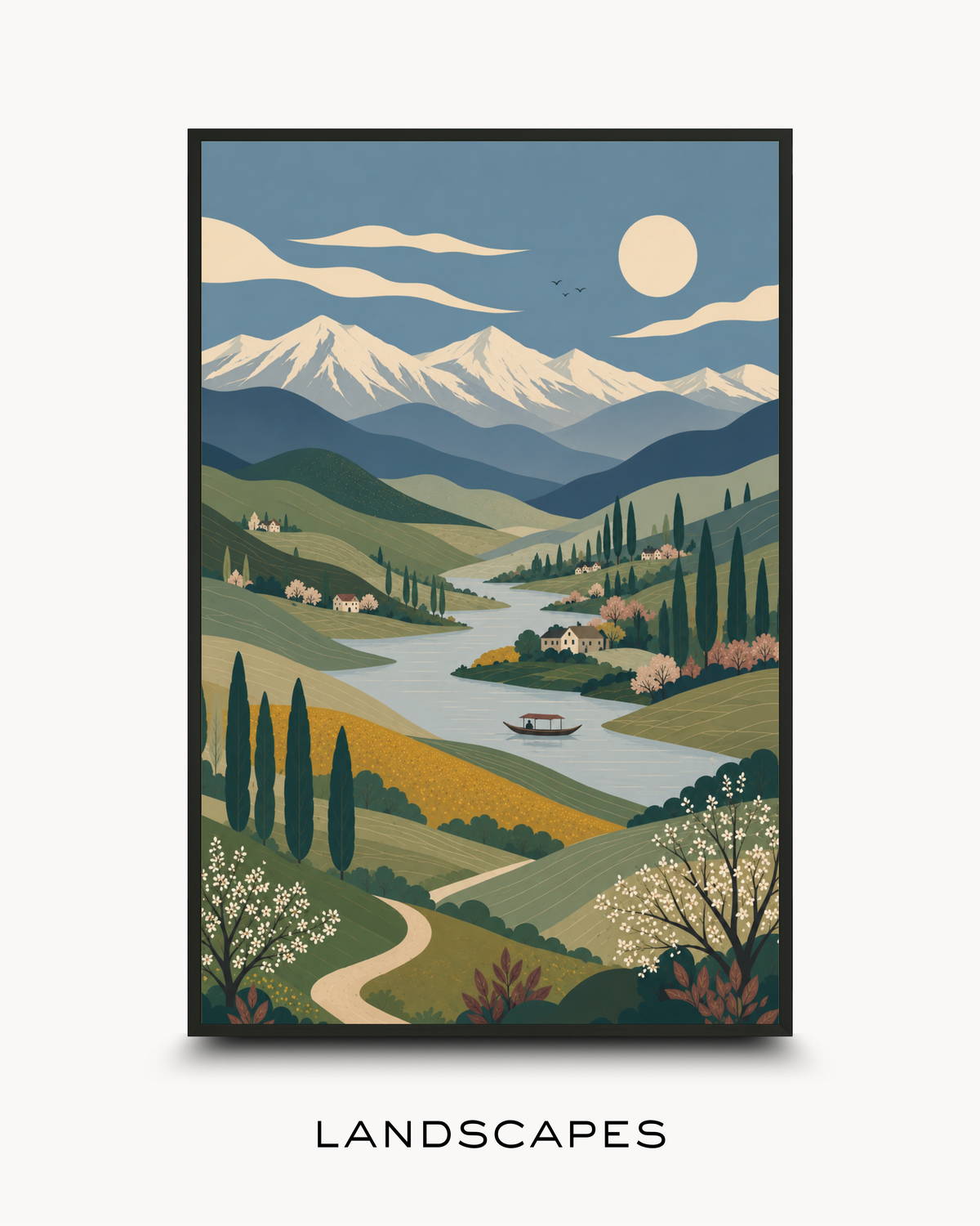 Collection cover for Classic & Timeless art featuring Claude Monet's Impression, Sunrise. Hazy blue harbour scene with a vibrant orange sun reflecting on the water, styled in a Noir Black frame.