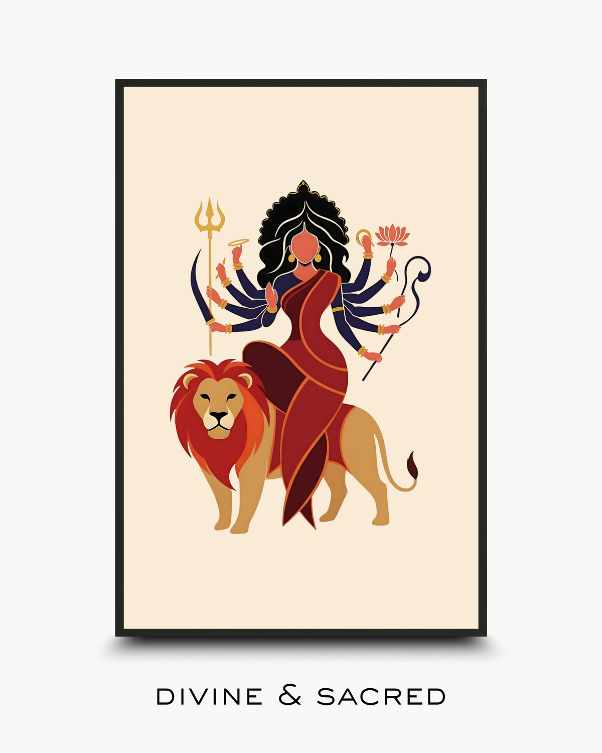 Collection cover for Divine & Sacred featuring a minimalist illustration of Goddess Durga riding a lion. Flat vector art style with bold reds, navy blue, and gold on a cream background, styled in a Noir Black frame.