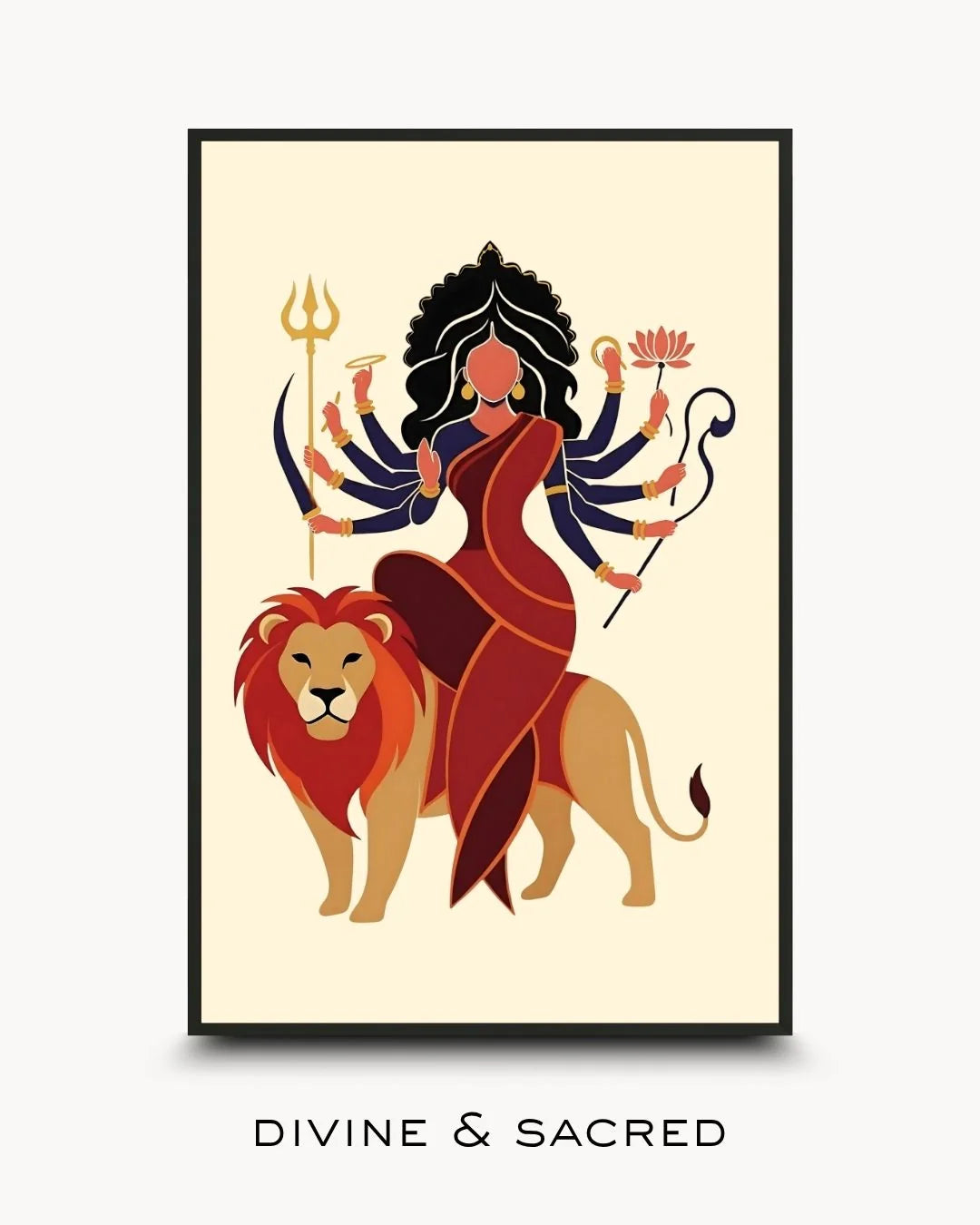 Collection cover for Divine & Sacred featuring a minimalist illustration of Goddess Durga riding a lion. Flat vector art style with bold reds, navy blue, and gold on a cream background, styled in a Noir Black frame.