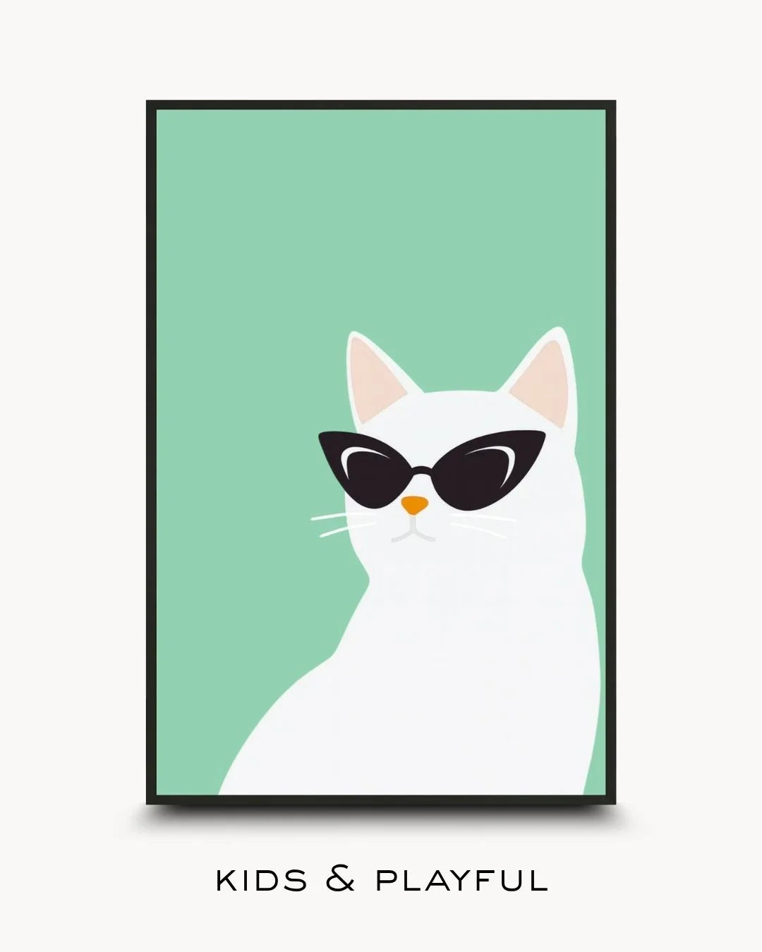 Collection cover for Kids & Playful featuring a minimalist flat-vector illustration of a white cat wearing black cat-eye sunglasses. Set against a solid mint green background and styled in a Noir Black frame.