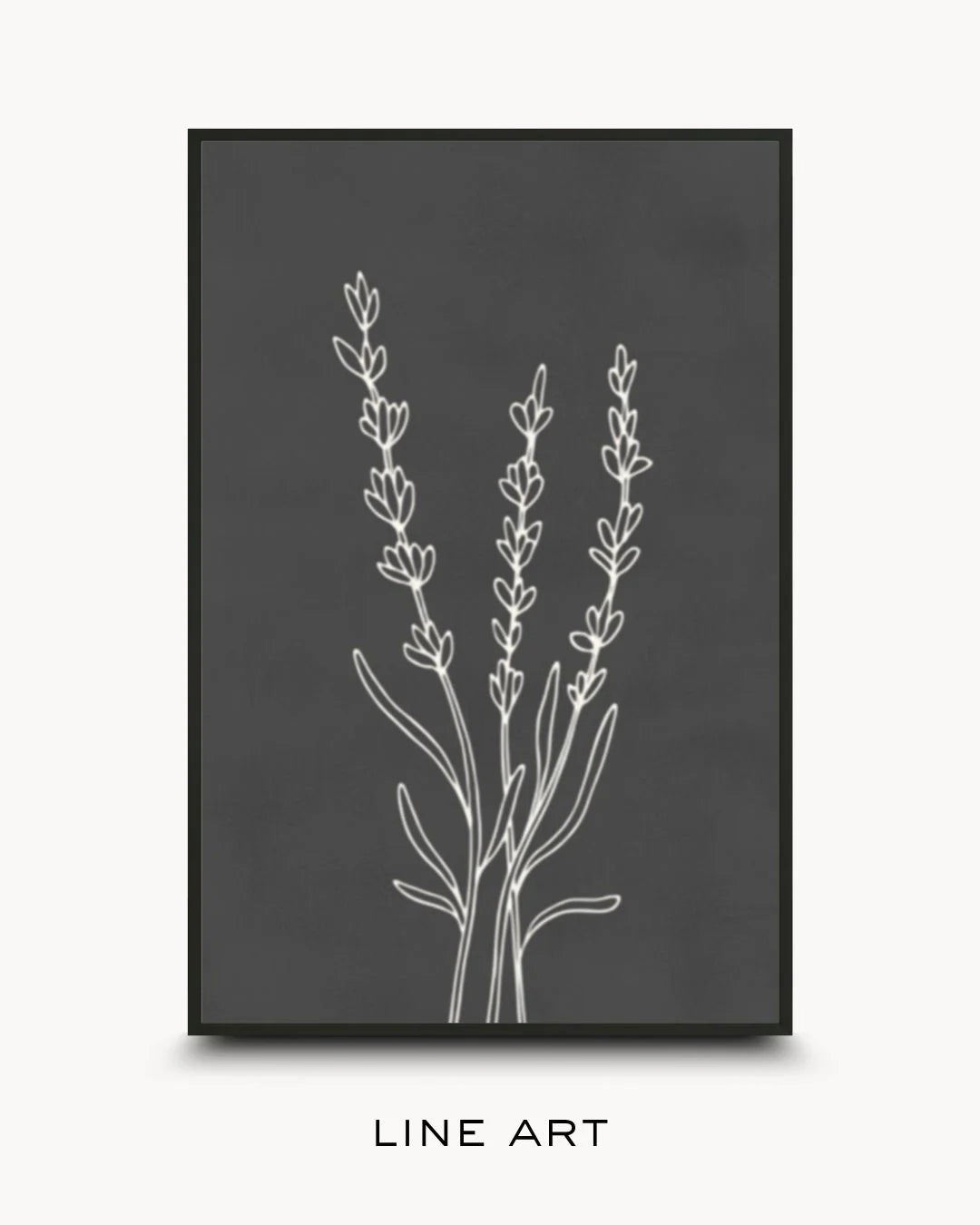 Collection cover for Line Art featuring a minimalist white line drawing of lavender sprigs. Hand-drawn botanical silhouette on a dark charcoal grey background, styled in a Noir Black frame.
