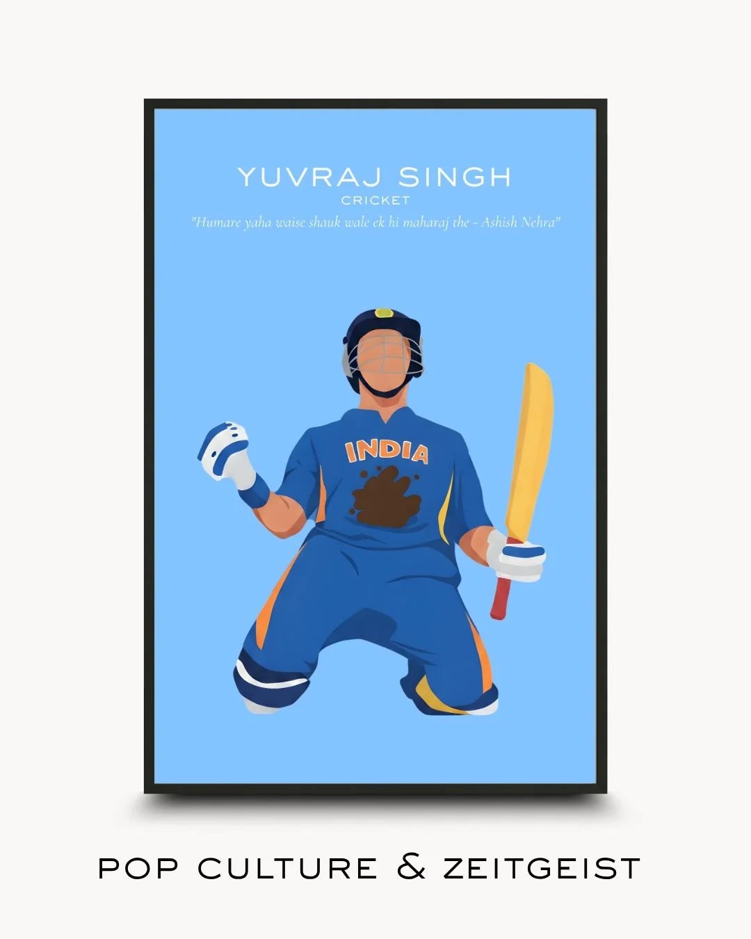 Collection cover for Pop Culture & Zeitgeist featuring a minimalist illustration of Indian cricketer Yuvraj Singh. Depicts him in a blue India kit with a mud stain, celebrating a victory on his knees with a bat, styled in a Noir Black frame.
