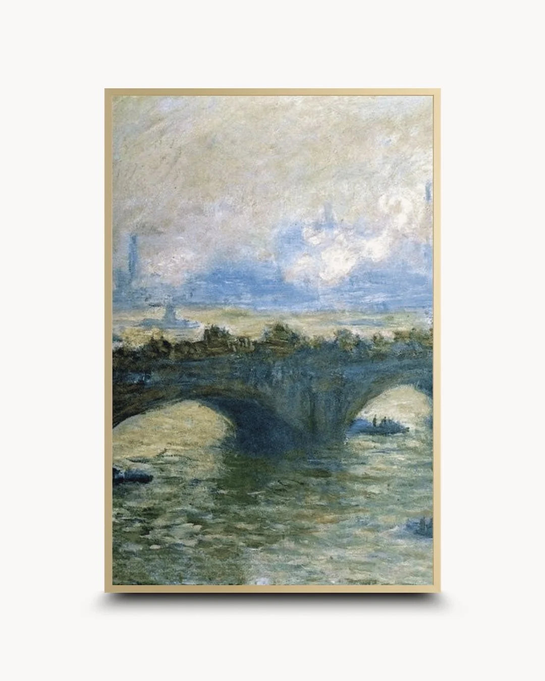 Elegant Monet London bridge exhibition poster in a Satin Gold frame by K2C Co. Features high-contrast typography and soft blue tones for a luxury statement piece.