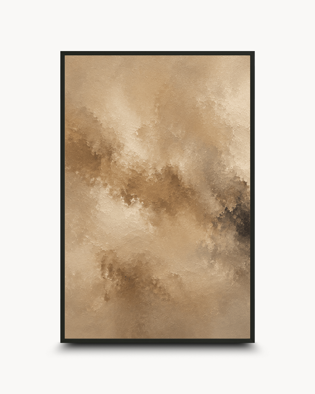 A framed abstract art print featuring a textured, watercolor-like composition in warm beige, tan, and brown tones, displayed against a clean white background.