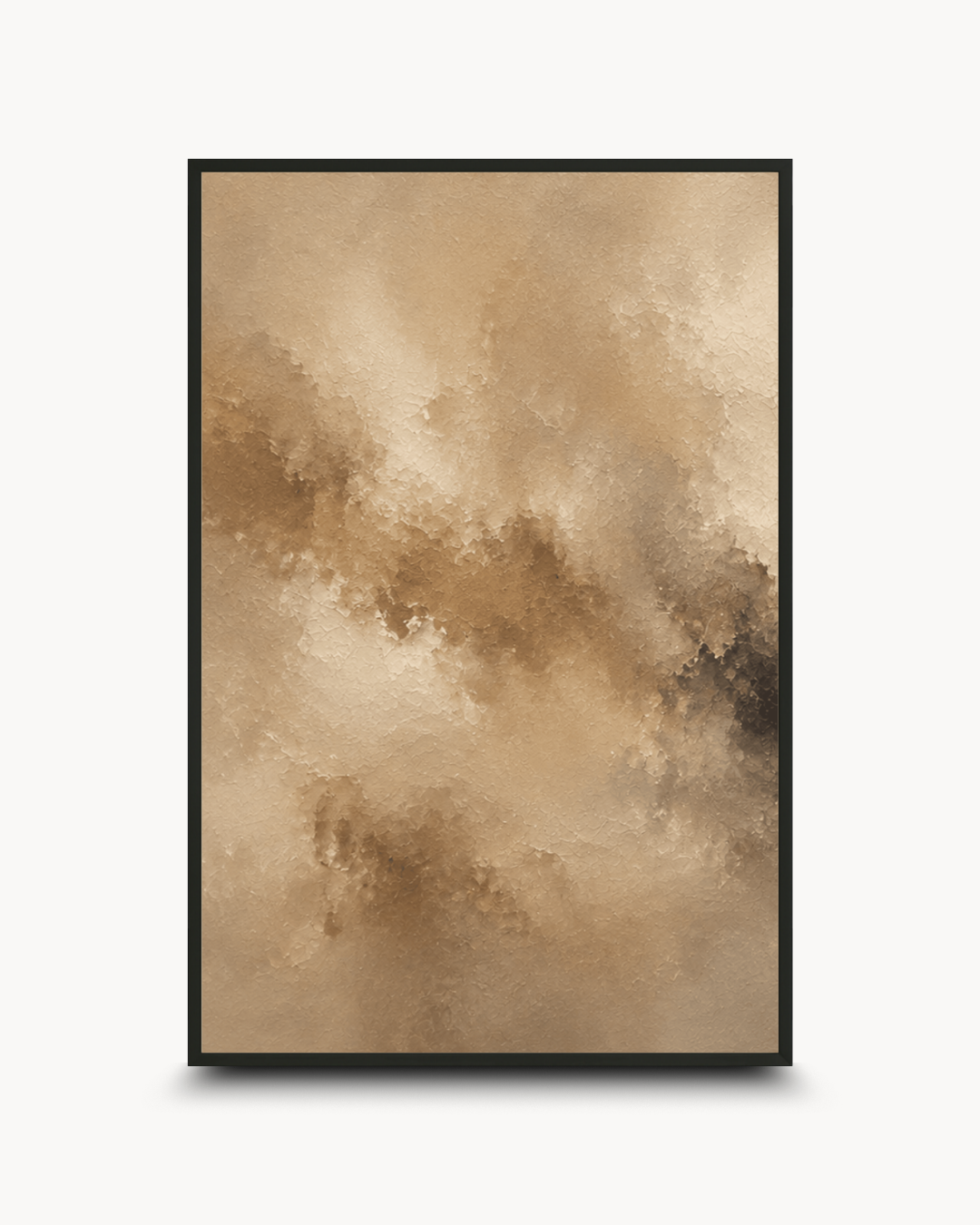 A framed abstract art print featuring a textured, watercolor-like composition in warm beige, tan, and brown tones, displayed against a clean white background.