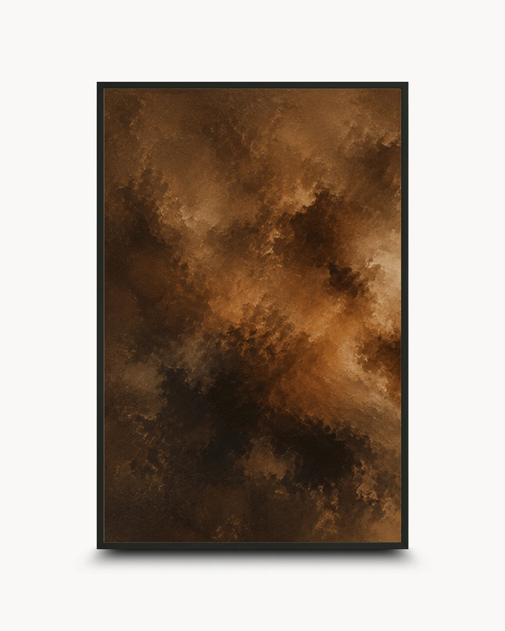 A framed abstract art print featuring a dramatic, textured composition of dark brown, black, and warm golden-brown cloud-like forms, presented on a clean white background with a subtle drop shadow.