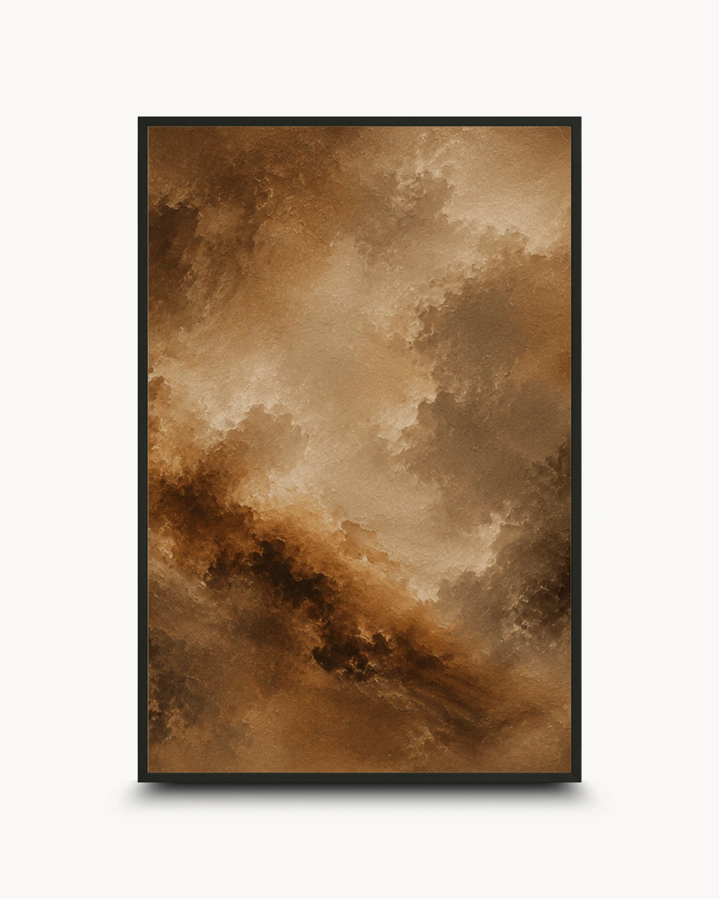A framed abstract art print featuring a dramatic brown and beige cloudy or smoky composition, shown against a light gray background with a soft drop shadow.