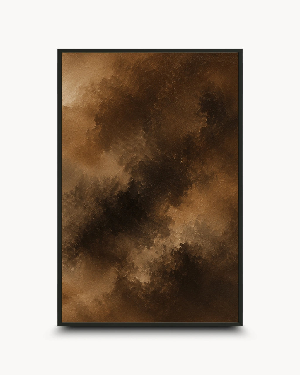 A framed abstract art print featuring a textured, painterly composition in shades of brown, tan, and black, displayed against a clean white background with a subtle drop shadow.