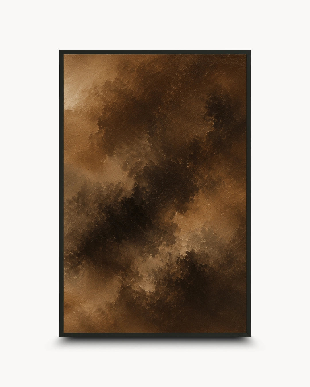 A framed abstract art print featuring a textured, painterly composition in shades of brown, tan, and black, displayed against a clean white background with a subtle drop shadow.