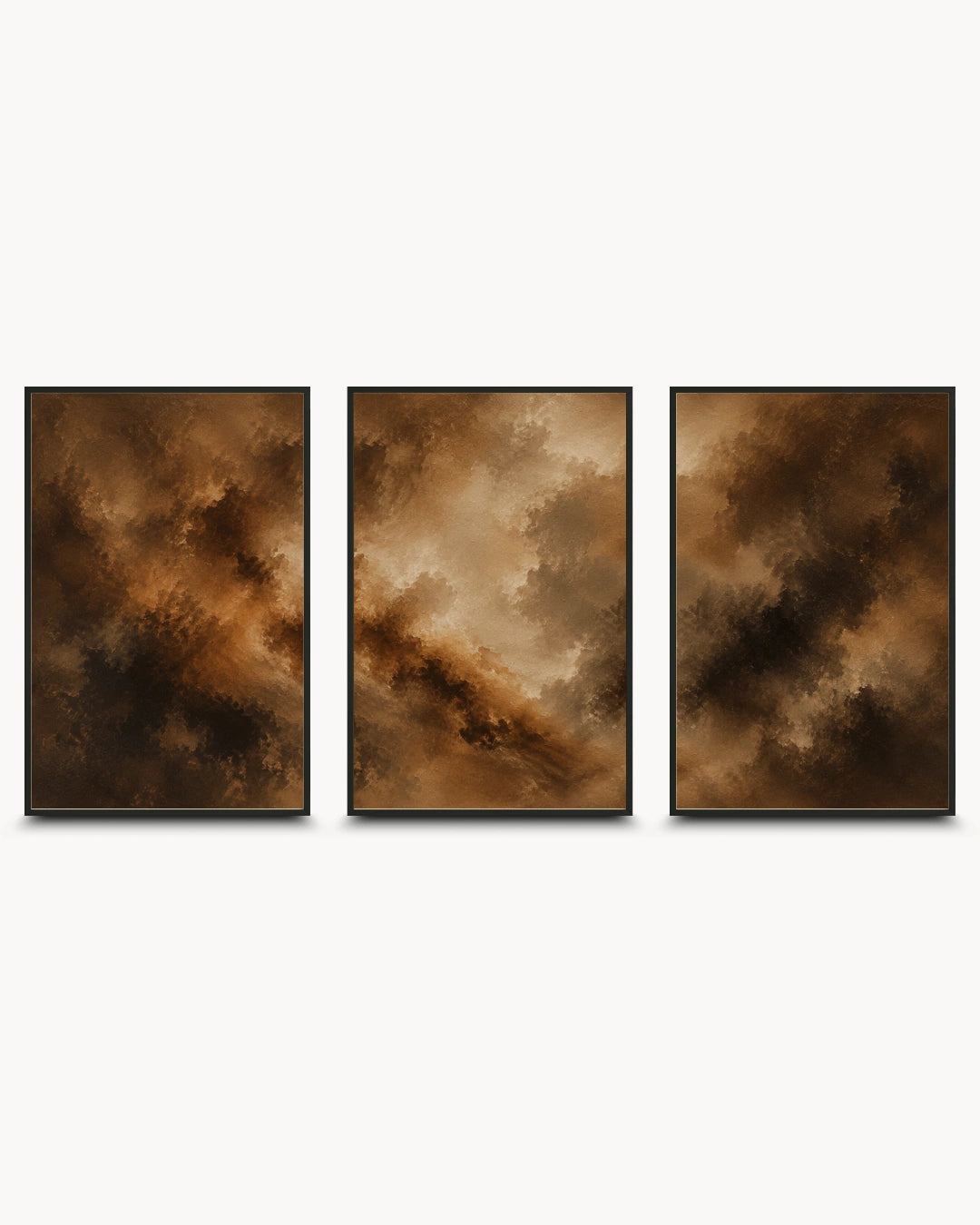 A three-panel framed wall art set featuring abstract brown and tan cloud-like imagery on a light gray background.