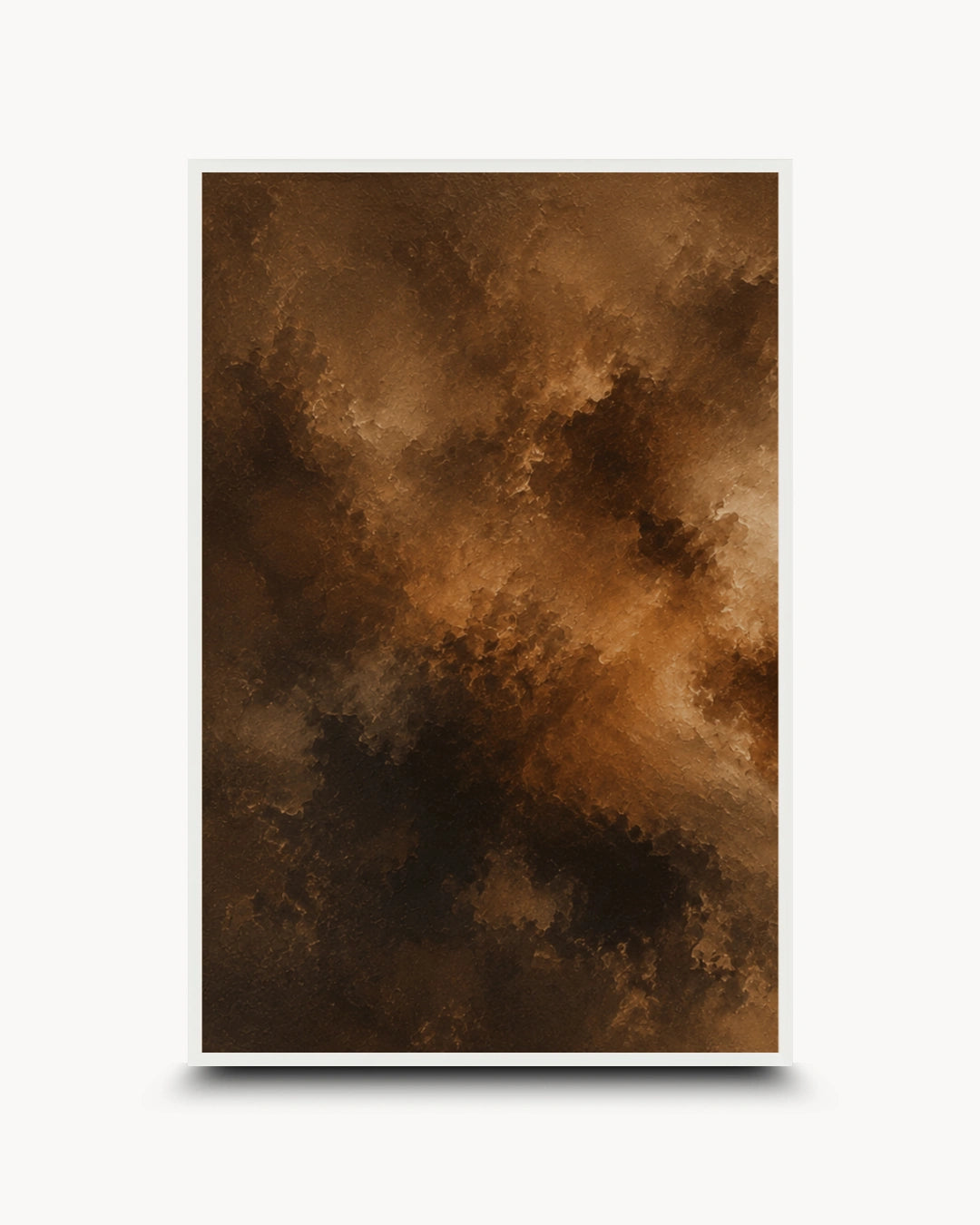 A framed abstract art print featuring a dramatic, textured composition of dark brown, black, and warm golden-brown cloud-like forms, presented on a clean white background with a subtle drop shadow.
