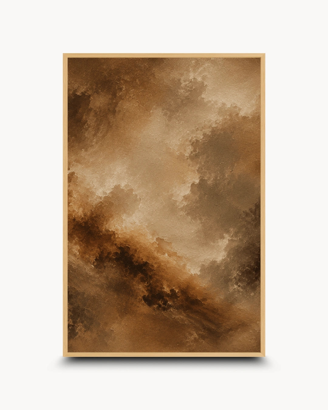 A vertical framed art print featuring an abstract, painterly cloud-like composition in warm brown, tan, and beige tones, shown against a light gray background with a soft drop shadow.