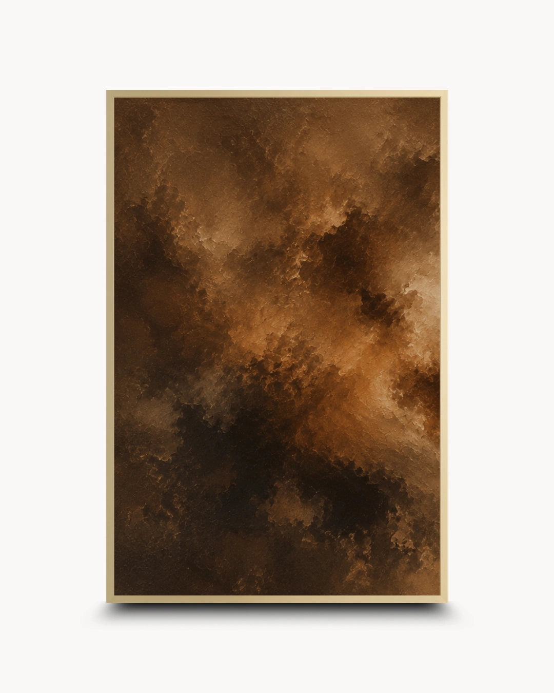 A framed abstract art print featuring a dramatic, textured composition of dark brown, black, and warm golden-brown cloud-like forms, presented on a clean white background with a subtle drop shadow.