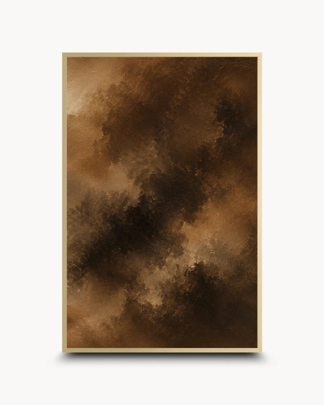 A framed abstract art print featuring a textured, painterly composition in shades of brown and gold, set against a clean white background with a subtle drop shadow.