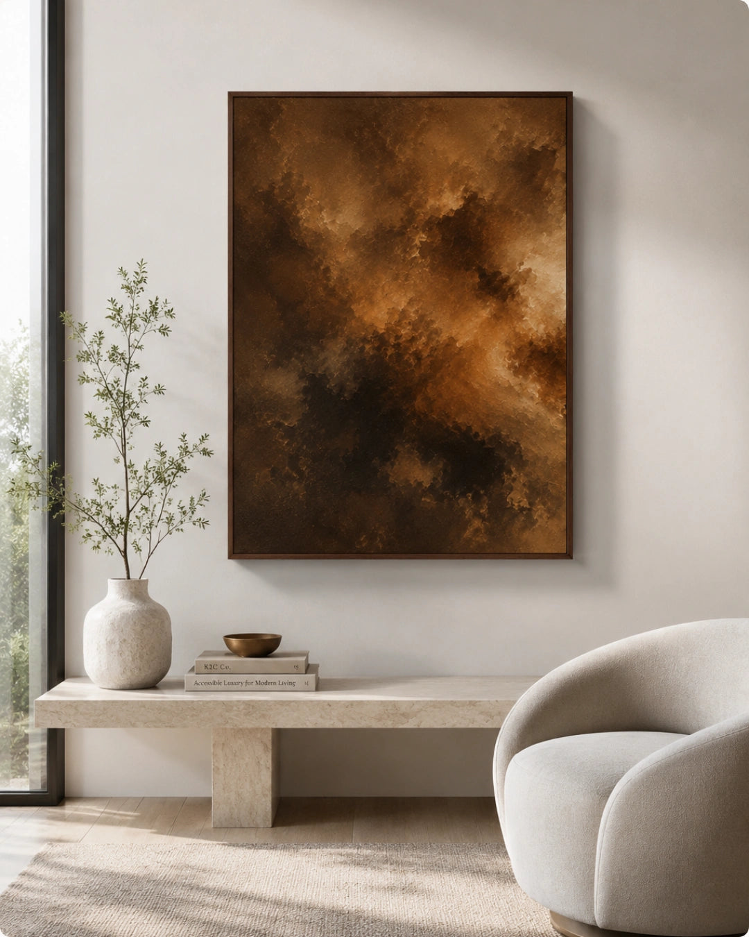 An abstract framed wall art print featuring rich brown, bronze, and black textured brushstrokes, displayed in a modern living room setting above a concrete bench and next to a light gray armchair.