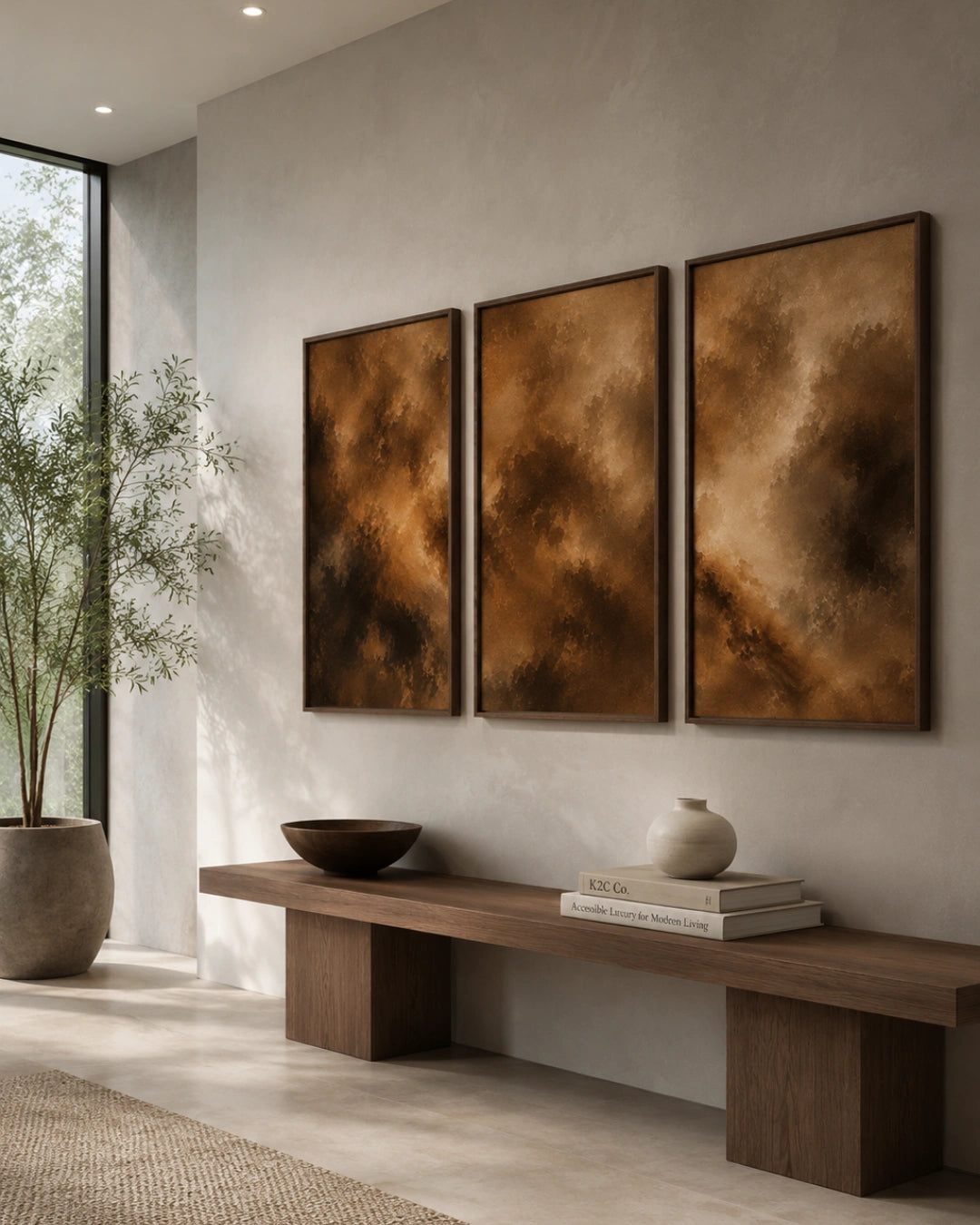 Three framed abstract wall art panels in warm brown and bronze tones hang above a wooden bench in a modern interior with a window, potted plant, and decorative objects.