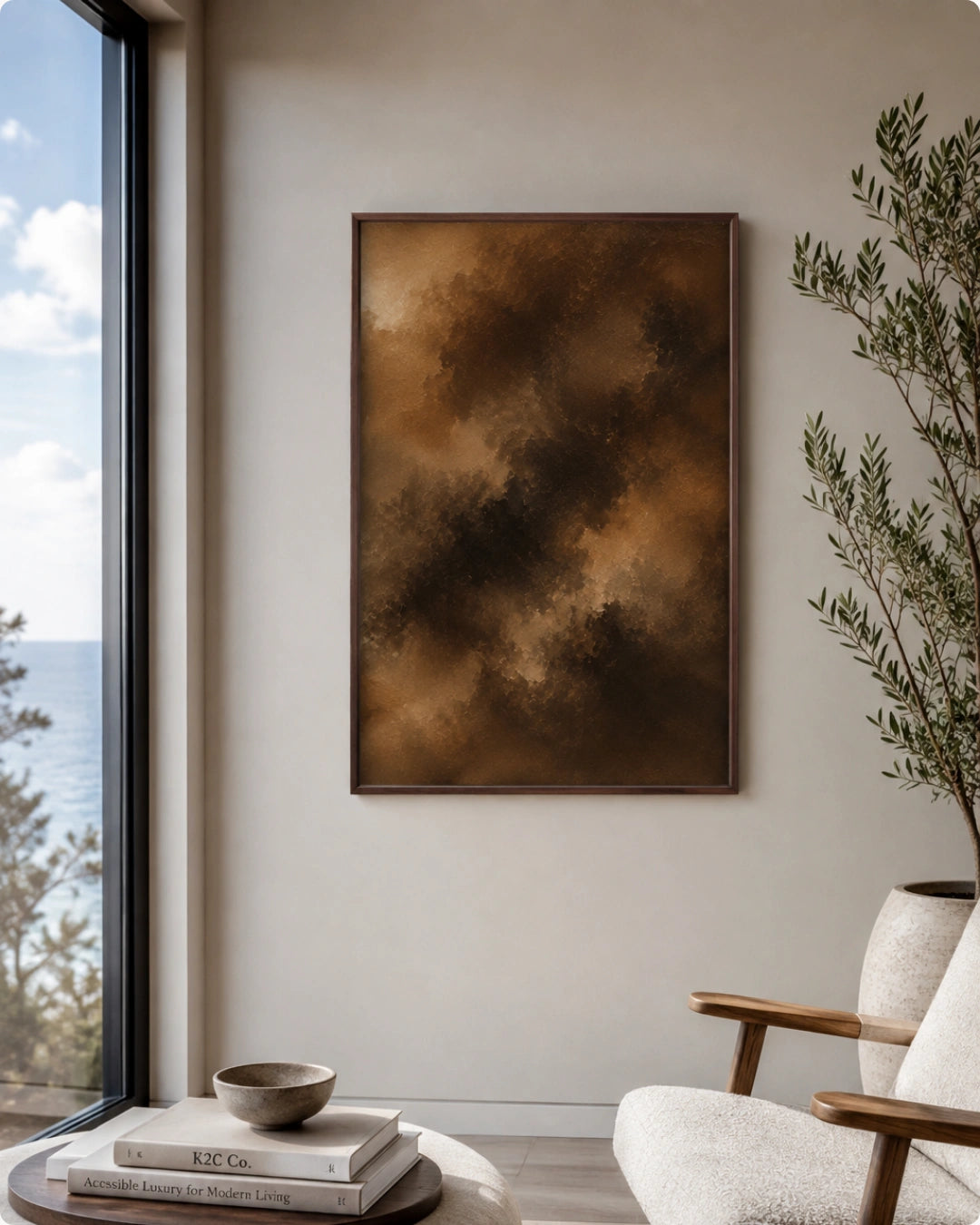 A framed abstract canvas print with a textured brown and gold cloud-like pattern, displayed on a light beige wall in a modern living room setting with a window view of the ocean.