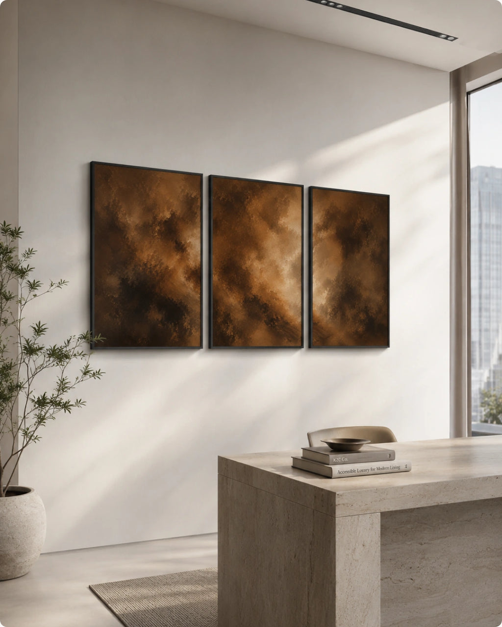 Three framed abstract wall art panels in warm brown and bronze tones displayed on a light wall in a modern interior setting with a stone table and window.