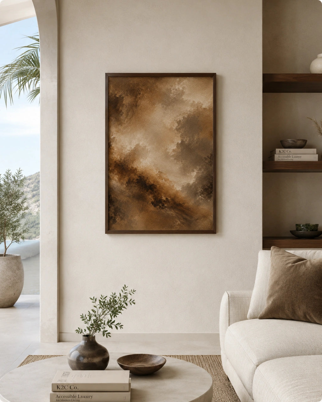 A framed abstract landscape painting in earthy brown and beige tones, displayed on a cream-colored wall in a modern, minimalist living room setting.