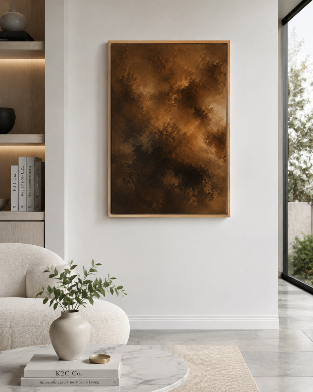 A framed abstract art print featuring a textured, cloudy composition in deep brown and warm gold tones, displayed on a white wall in a modern, minimalist living room setting.