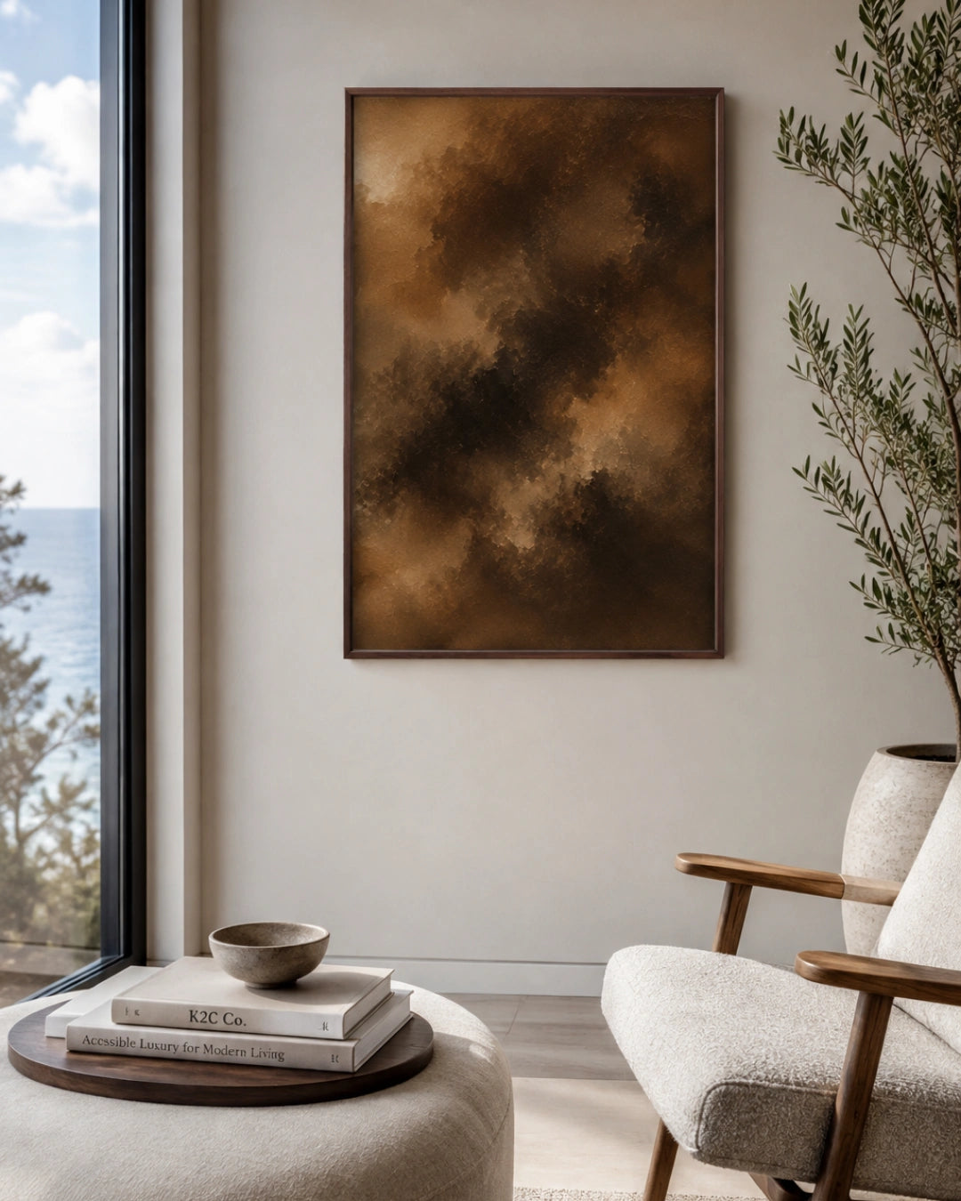 A framed abstract canvas print with rich brown and gold tones hangs on a light beige wall in a modern living room setting, next to a window overlooking the ocean.