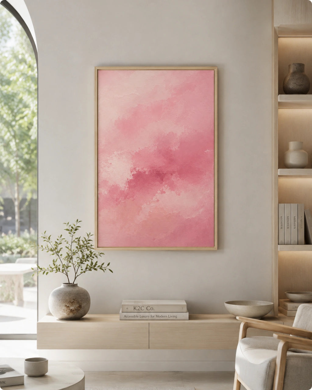 A framed abstract pink painting hangs on a light beige wall in a modern, sunlit living room with a console table, chair, and shelving.