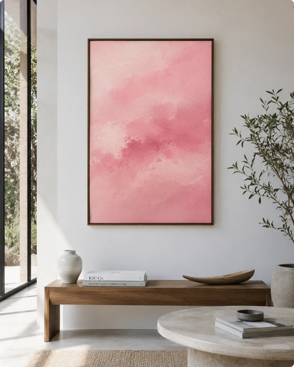 A framed abstract pink watercolor art print hangs on a white wall in a modern, sunlit living room setting with a wooden bench, decorative vase, and stone table.