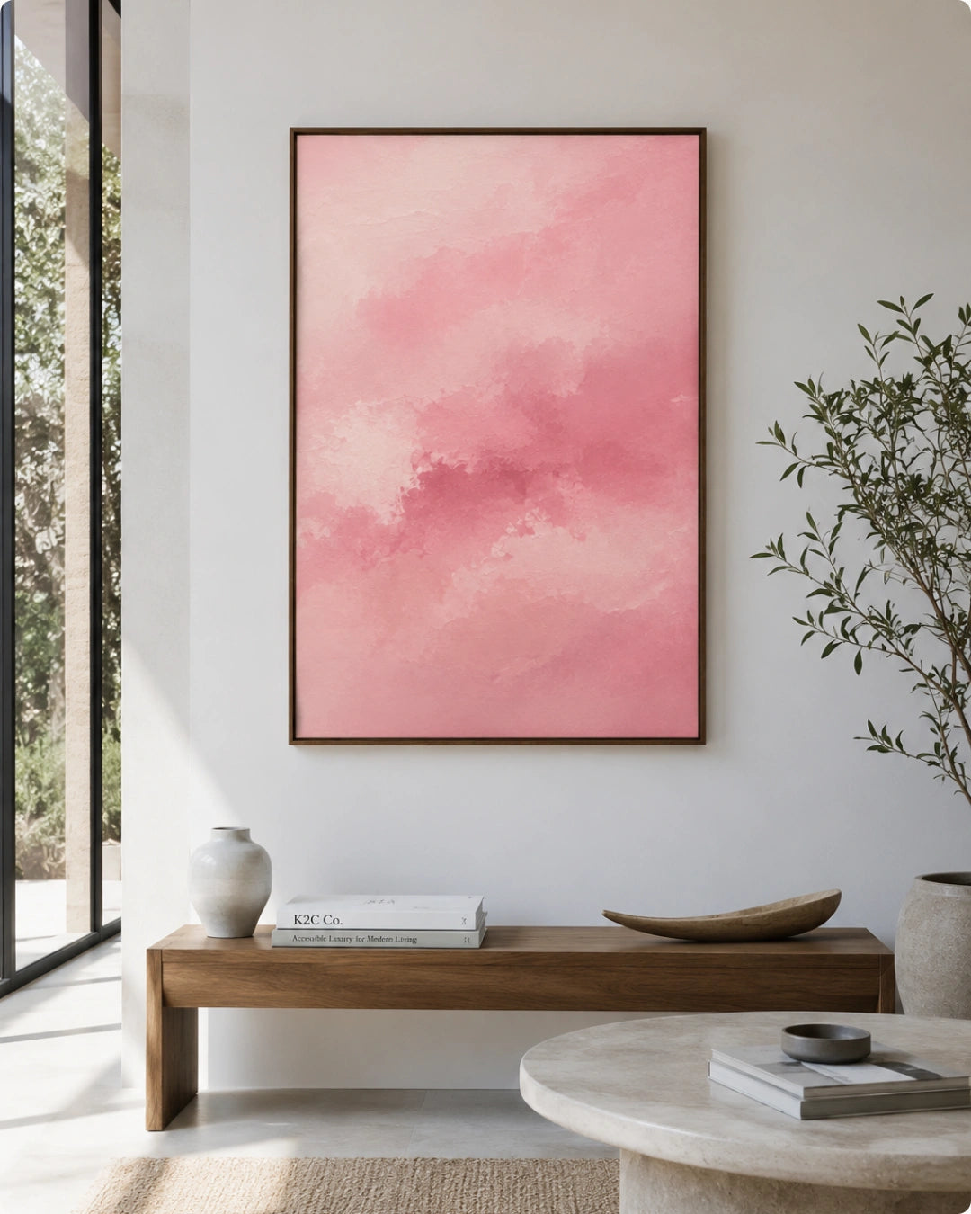 A framed abstract pink watercolor art print hangs on a white wall in a modern, sunlit living room setting with a wooden bench, decorative vase, and stone table.