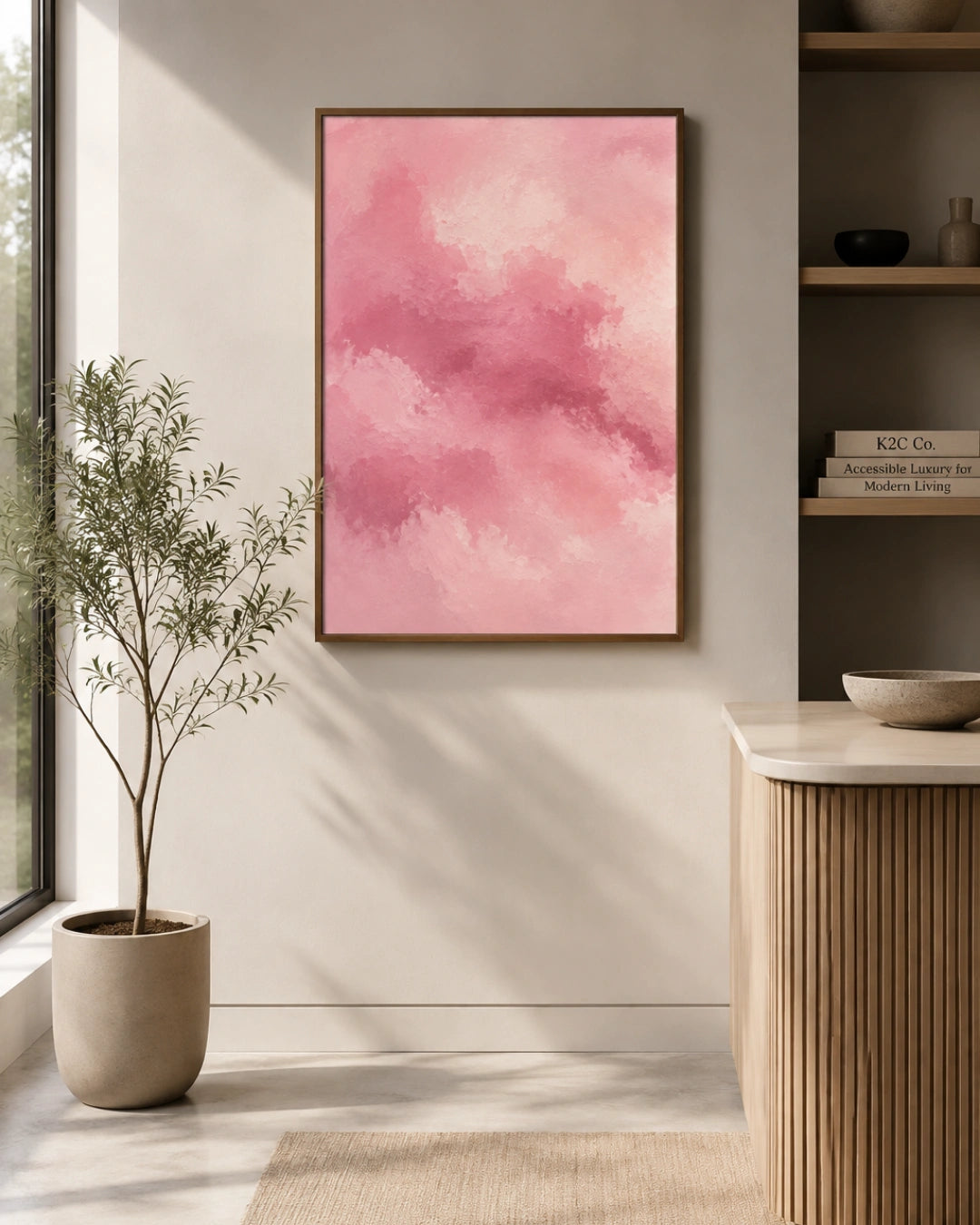 A framed abstract pink watercolor art print hangs on a light beige wall in a modern, sunlit interior with a potted plant, shelving, and a ribbed wood side table.
