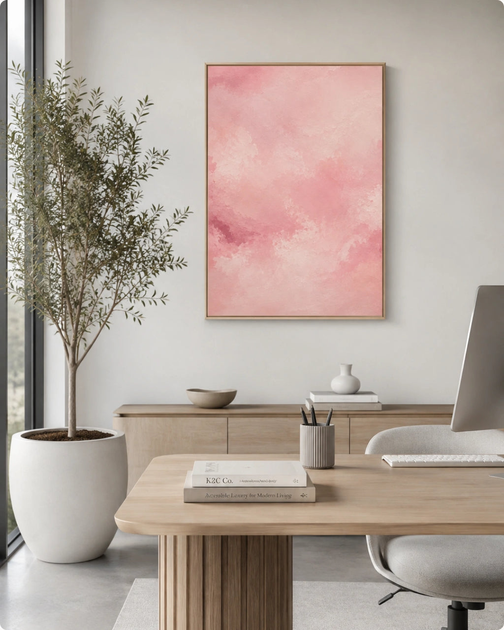 A framed abstract pink art print hangs on a light gray wall above a wooden desk in a modern, minimalist home office setting with a potted tree and office chair.