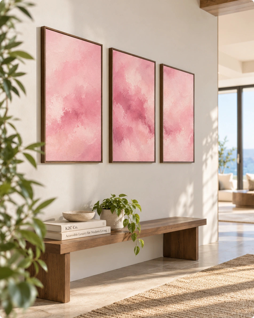 Three framed pink abstract wall art prints hang above a wooden bench in a bright, modern interior with plants and natural light.
