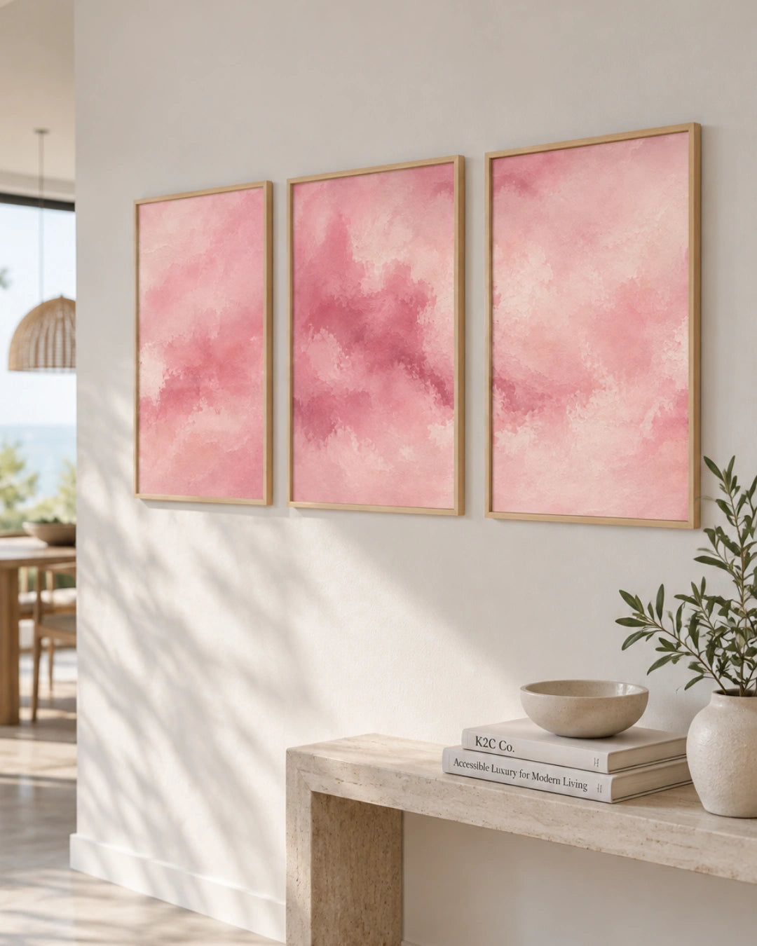 Three framed pink watercolor art prints hang on a white wall in a bright, modern room with a wooden console table and a potted plant.