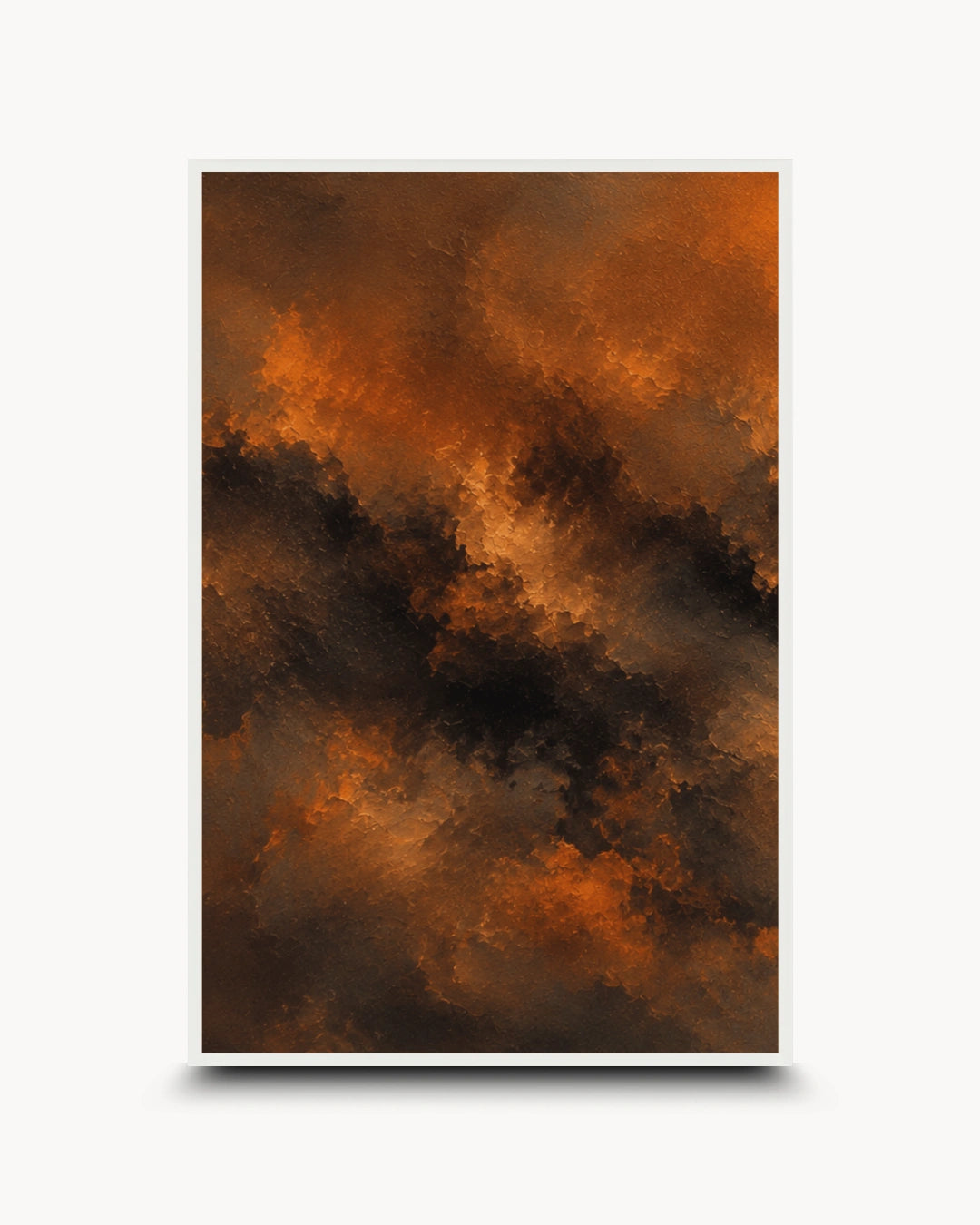 An abstract art print featuring a textured, painterly composition of fiery orange, brown, and black clouds, presented with a white border on a light gray background.