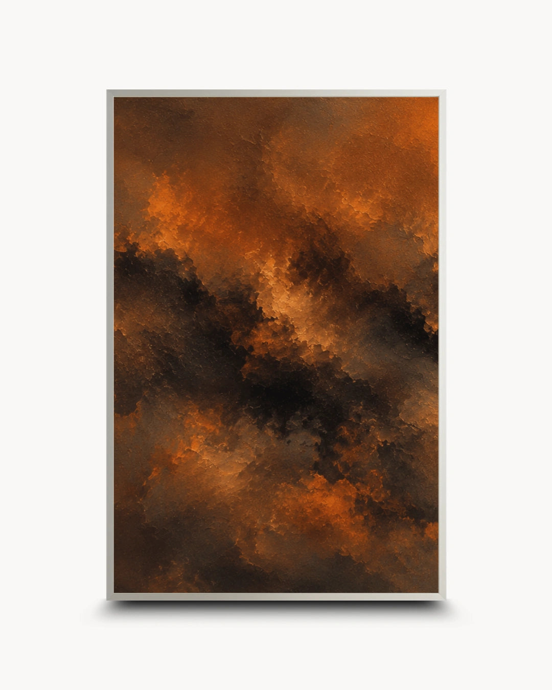 A framed abstract art print featuring a dramatic, textured composition of fiery orange, deep brown, and black cloud-like patterns, presented on a clean white background with a subtle drop shadow.
