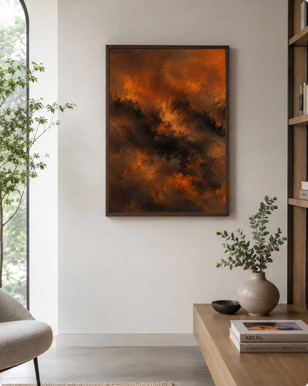 A framed abstract canvas print featuring swirling orange, brown, and black textures, hanging on a light gray wall in a modern, sunlit room with a wooden console table and vase.