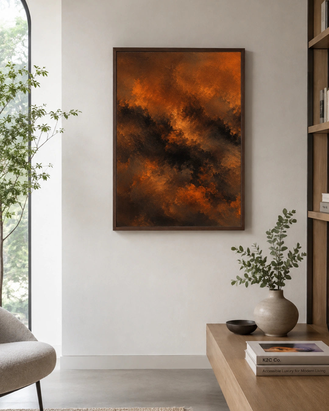 A framed abstract canvas print featuring swirling orange, brown, and black textures, hanging on a light gray wall in a modern, sunlit room with a wooden console table and vase.