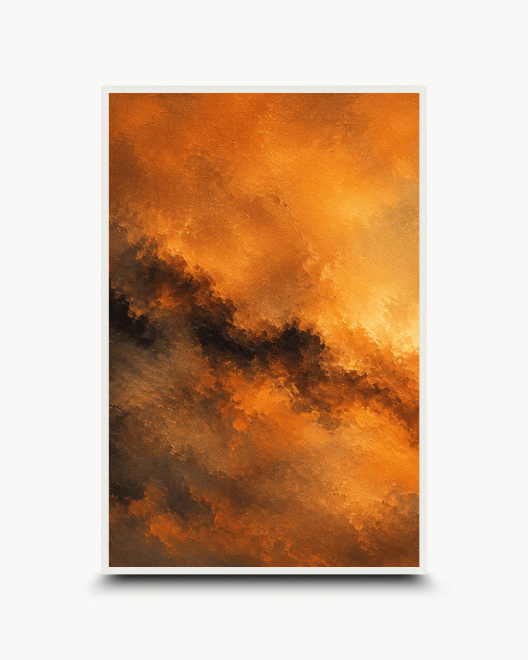 An abstract art print featuring a dramatic, textured composition of fiery orange, golden yellow, and deep brown clouds, presented with a white border on a light gray background.