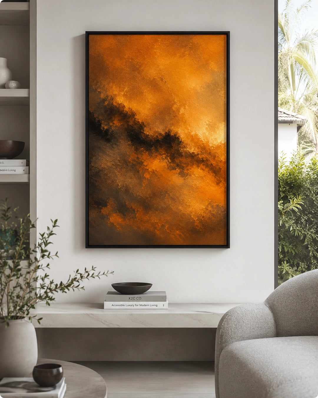 A framed abstract canvas print featuring a dramatic orange and brown textured sky design, displayed on a light gray wall in a modern living room setting.