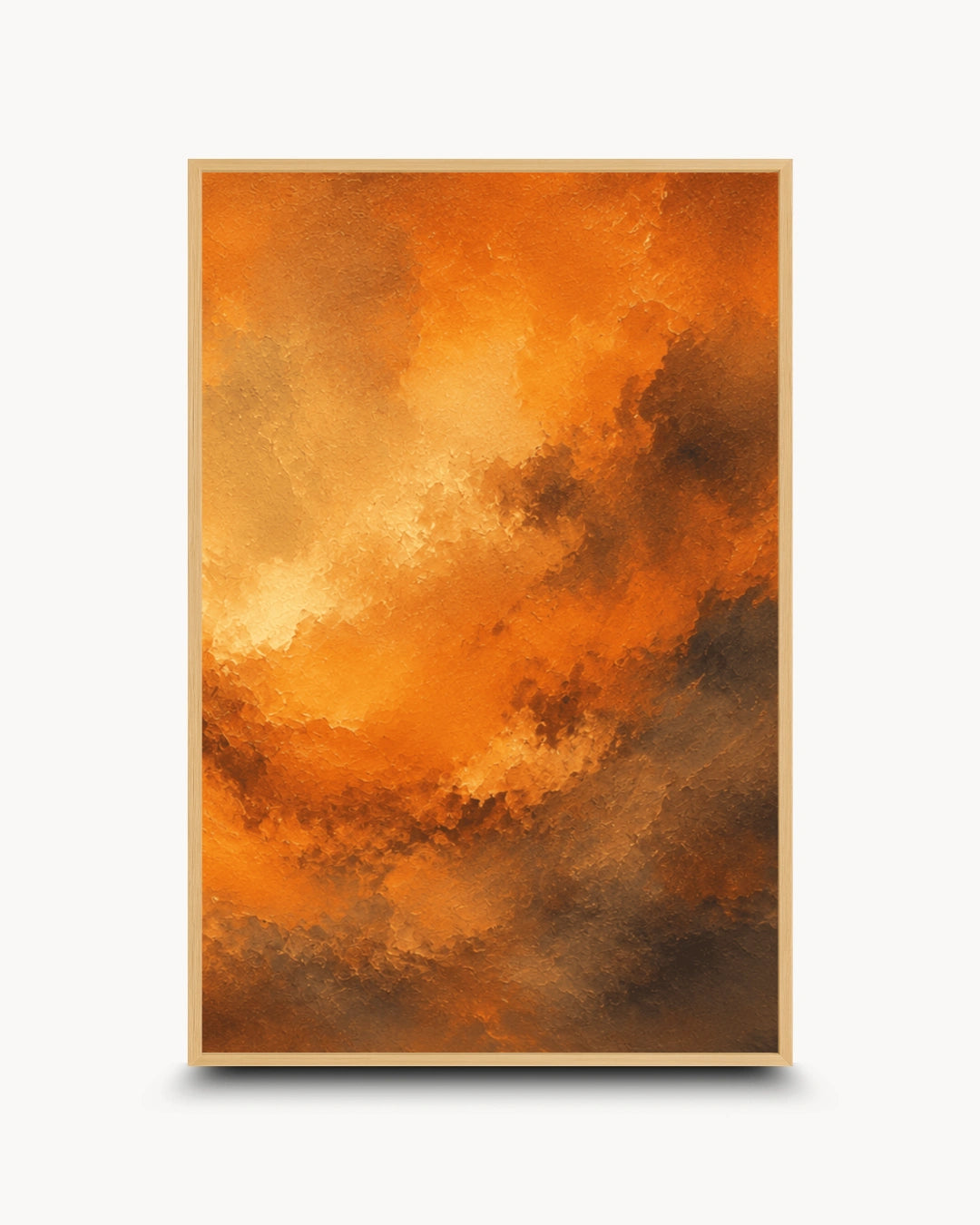 An abstract art print featuring a textured, painterly composition of vibrant orange, golden yellow, and dark brown clouds, presented with a white border on a light gray background.