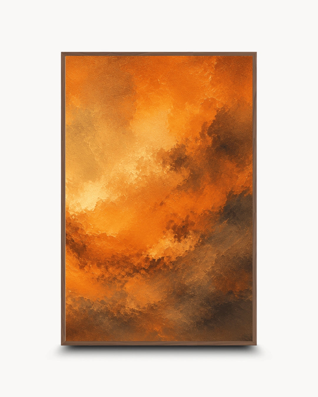 A vertical framed abstract painting featuring a dramatic sky-like composition in warm orange, amber, and brown tones, shown against a light gray background with a soft drop shadow.