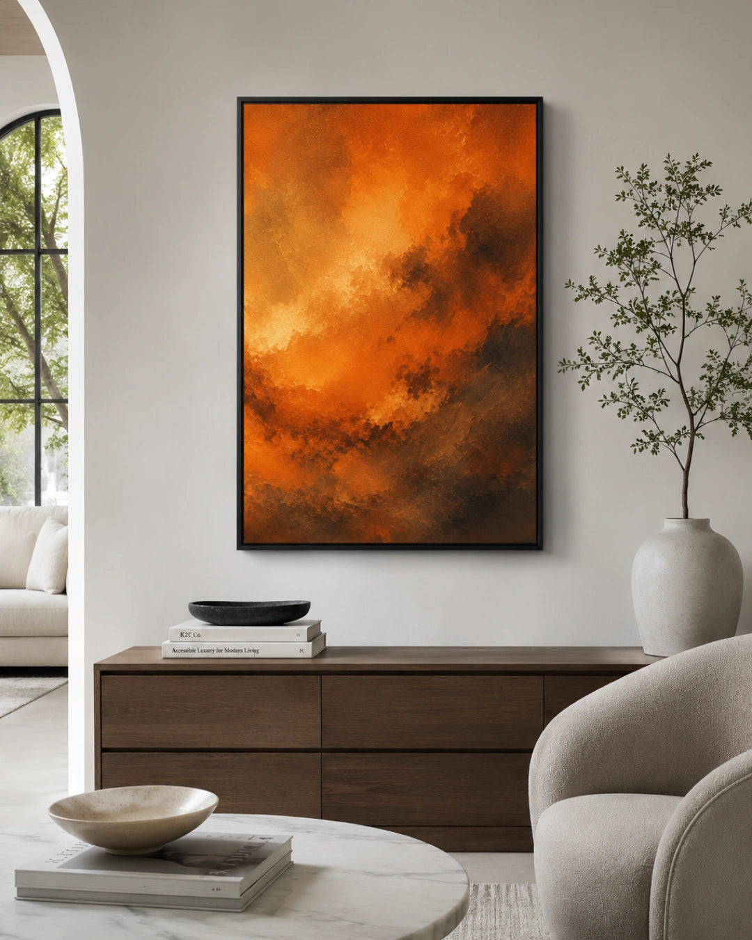 A framed abstract canvas print featuring vibrant orange and brown cloud-like textures, displayed on a light gray wall in a modern living room setting above a wooden console table.