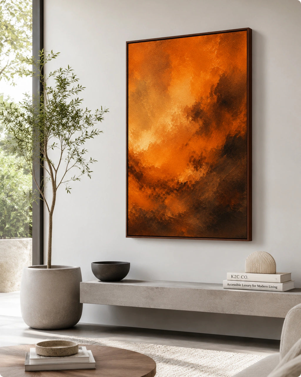 A framed abstract canvas print featuring vibrant orange and brown brushstrokes, displayed on a light gray wall in a modern, minimalist living room setting with a potted tree and concrete bench.