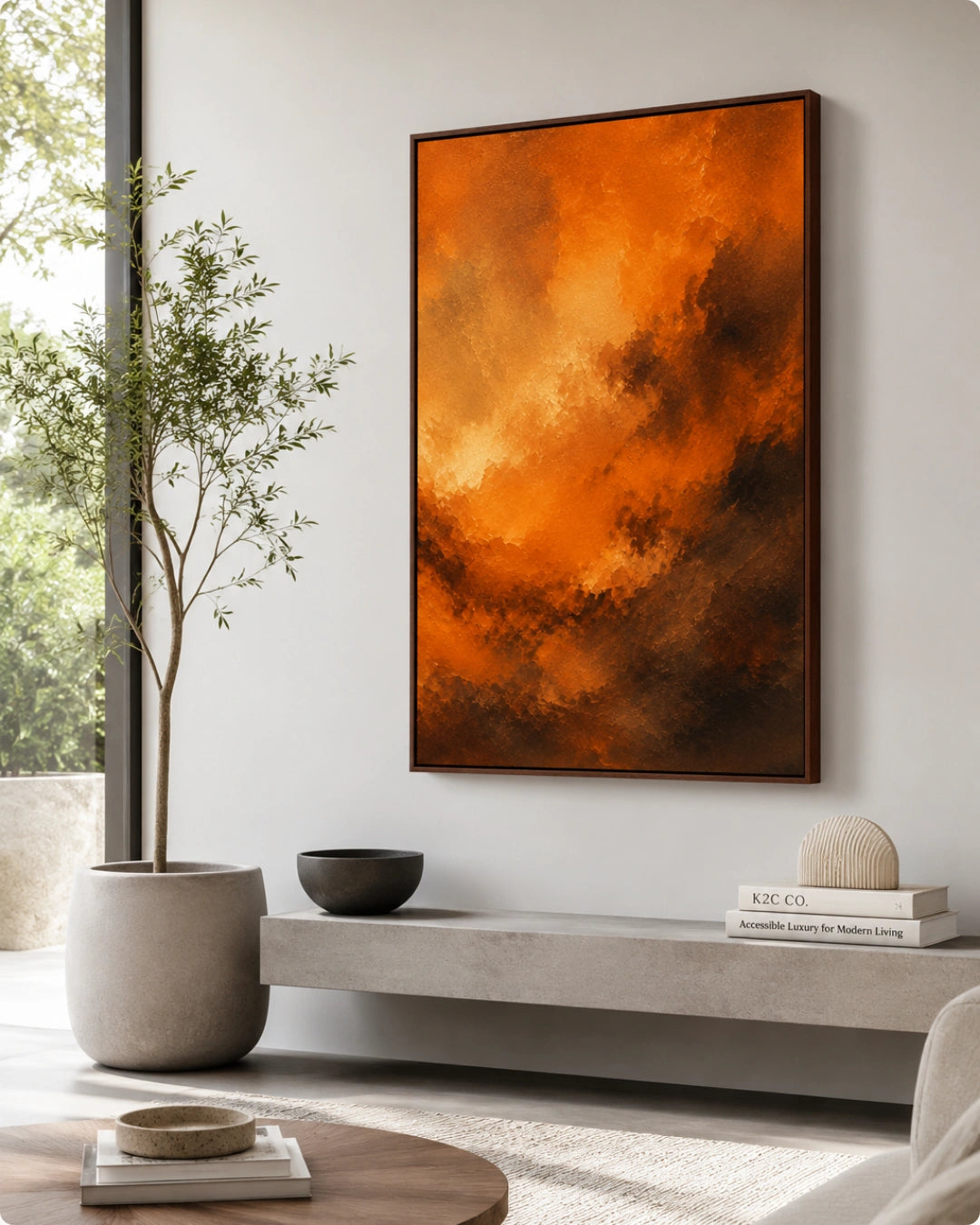 A framed abstract canvas print featuring vibrant orange and brown brushstrokes, displayed on a light gray wall in a modern, minimalist living room setting with a potted tree and concrete bench.