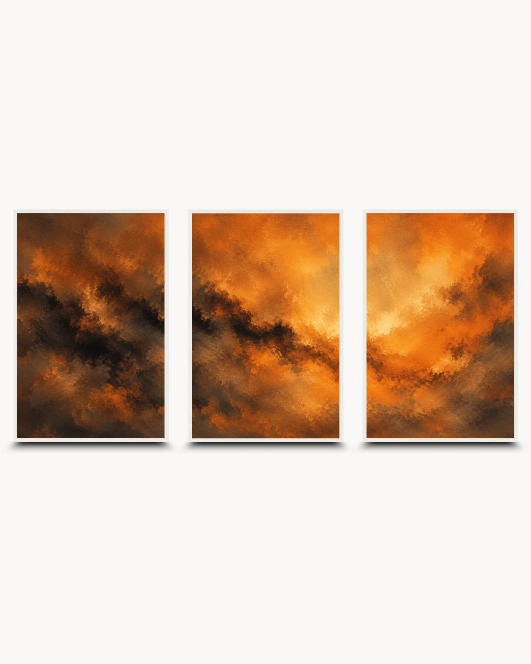 A three-panel wall art set featuring dramatic abstract clouds in warm orange, brown, and black tones, displayed against a light gray background.