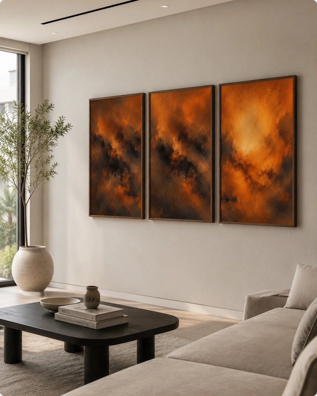 Three framed abstract canvas prints with fiery orange, brown, and black brushstrokes displayed on a light beige wall in a modern living room setting.