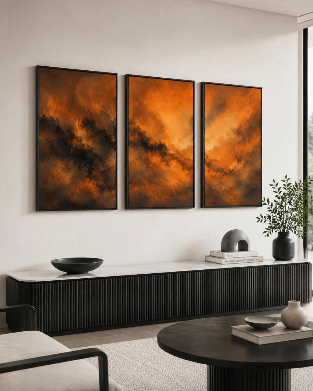 A three-panel framed wall art set with an abstract fiery orange and brown cloud-like design, displayed in a modern living room setting above a black ribbed console table.