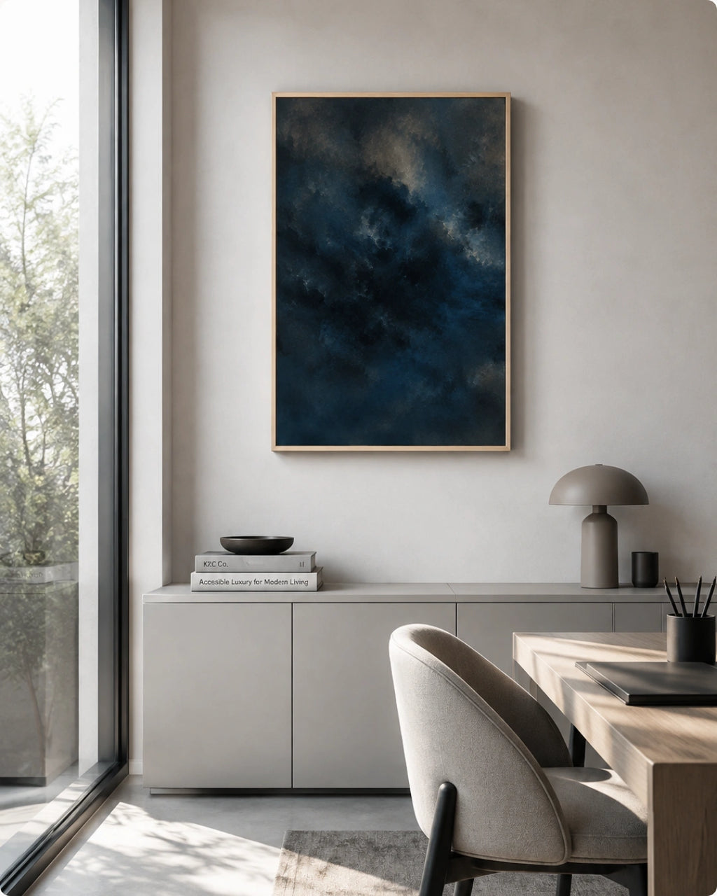 Lifestyle interior mockup of the abstract atmosphere wall art in a maple frame hung above a sleek modern desk and console setup in a bright room.
