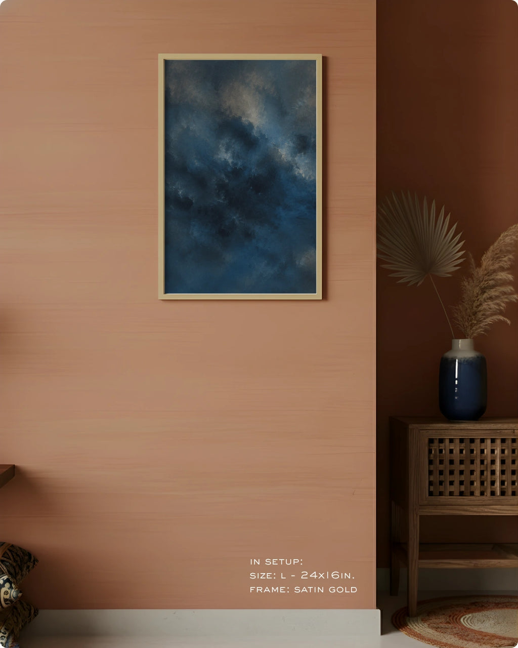 Visual size guide mockup for the moody abstract wall art in Large size with a gold frame displayed against a terracotta accent wall.